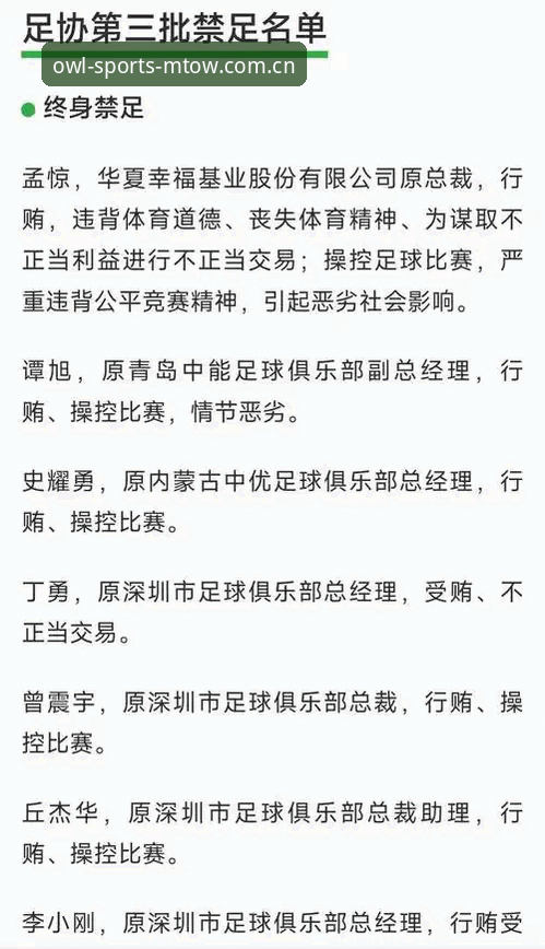 猫头鹰体育App正版评测 足协第三批禁足名单最新动态:17人终身禁赛,48人面临严惩